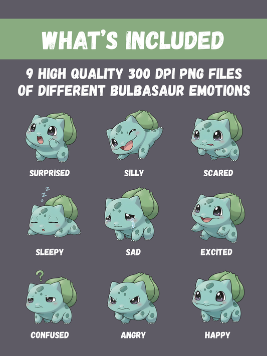 Kawaii Bulbasaur Chibi Emotion PNG Clipart Bundle (Digital Download)