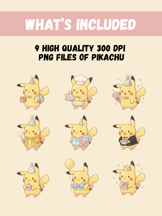 Pikachu Birthday PNG Pack, 9 Birthday Pikachu Designs, Chibi Cute Kawaii Clipart, Party Hat And Number Props, Anime PNG, Digital Download