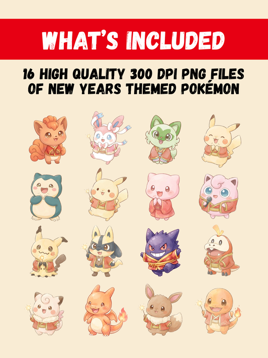 New Years Pokémon PNG Bundle, 16 Chibi Cute Kawaii Clipart, Festive Party Pokemon PNG, Anime Digital Download, Sublimation Sticker Art