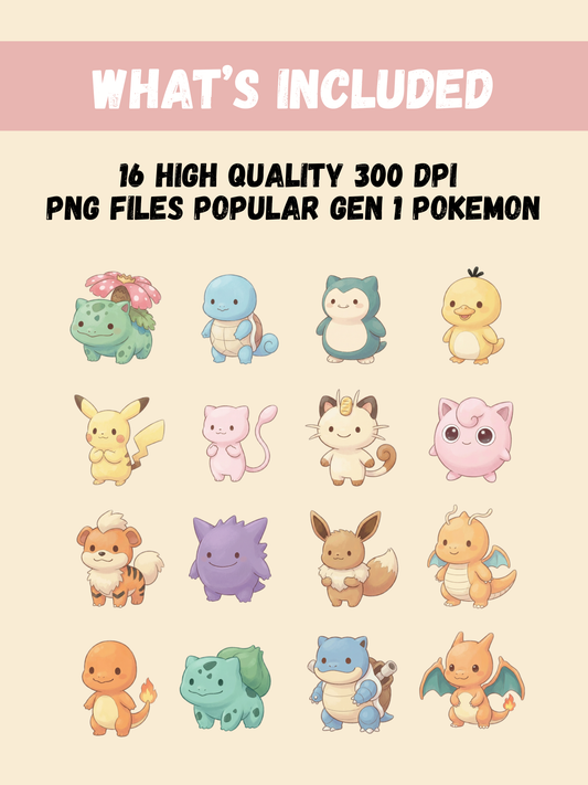 Popular Gen 1 Pokémon PNG Pack, 16 Fan Favorite Kanto Pokémon, Chibi Cute Kawaii Clipart, Anime PNG, Digital Download