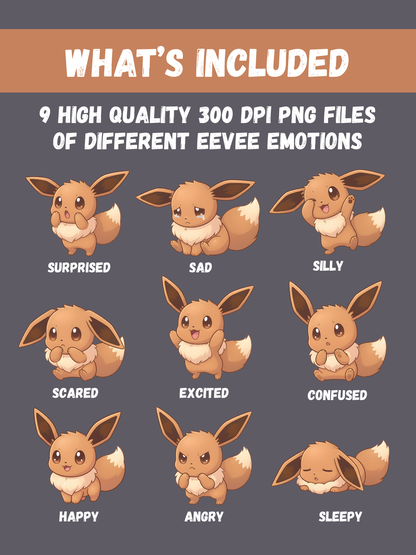 Eevee Chibi Emotions Pokemon PNG Bundle, 9 Cute Eevee Faces, Kawaii Pokémon Clipart, Instant Download