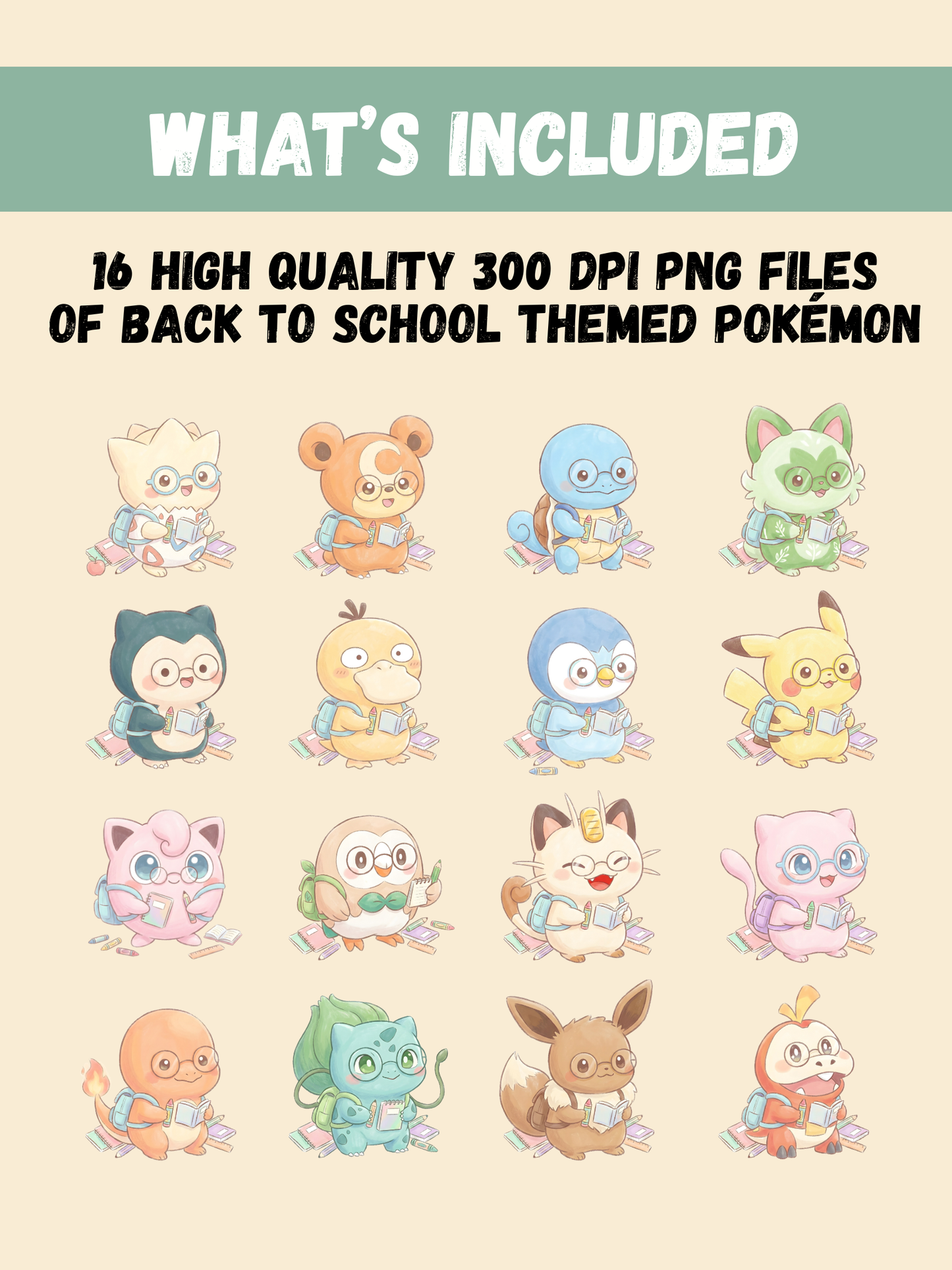 Back To School Pokémon PNG Bundle, 16 Chibi Cute Kawaii Clipart, School Theme Pokemon PNG, Anime Digital Download, Sublimation Sticker Art