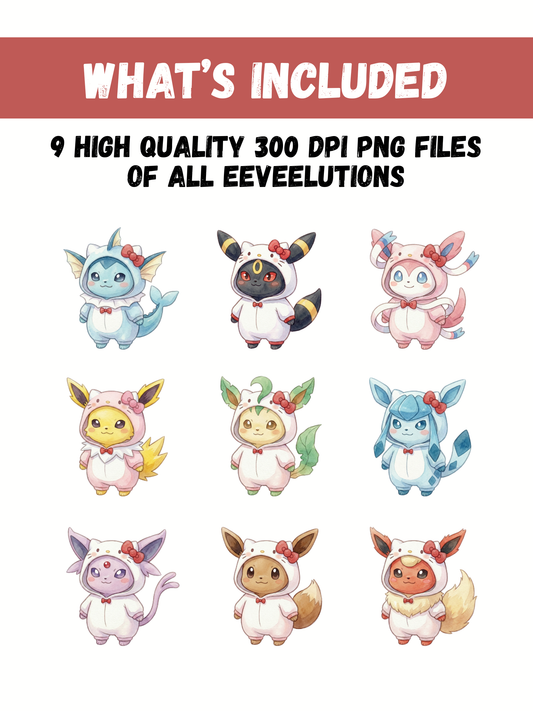 Eeveelutions Kitty Onesie PNG Bundle, Cute Kawaii Pokémon Clipart, Digital Download