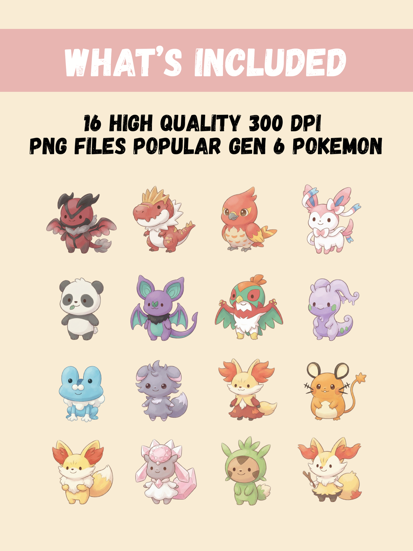 Popular Gen 6 Pokémon PNG Pack, 16 Fan Favorite Kalos Pokémon, Chibi Cute Kawaii Clipart, Anime PNG, Digital Download