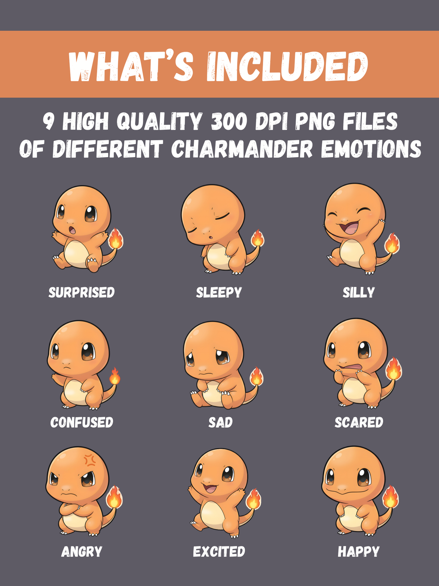 Pokémon Charmander Chibi Emotion PNG Bundle, 9 Cute Charmander Expressions, Kawaii Pokémon Clipart, Digital Download