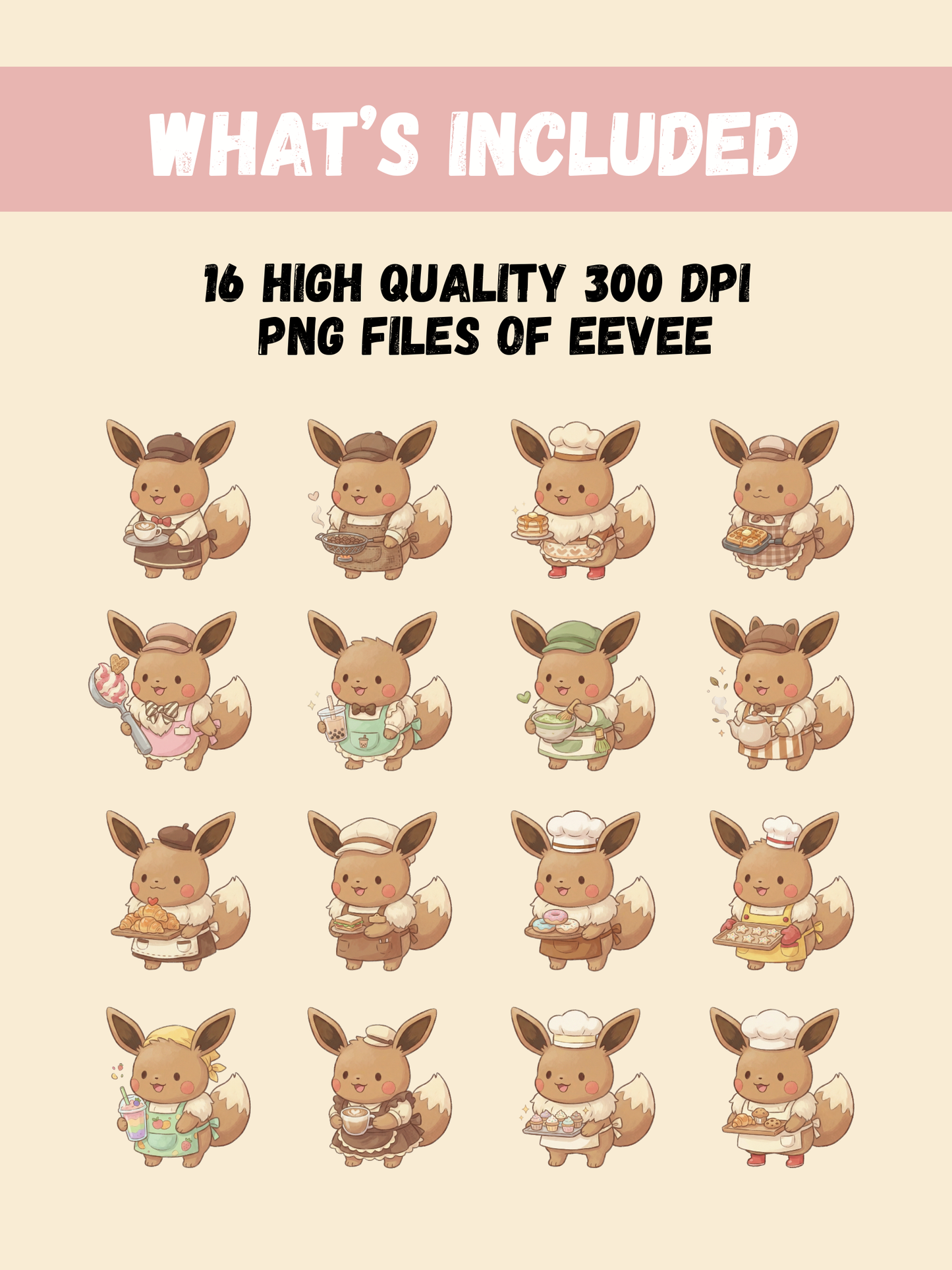 Eevee Cafe Theme PNG Pack, 16 Eevee Designs, Chibi Cute Kawaii Clipart, Coffee And Pastry Shop, Anime PNG, Digital Download