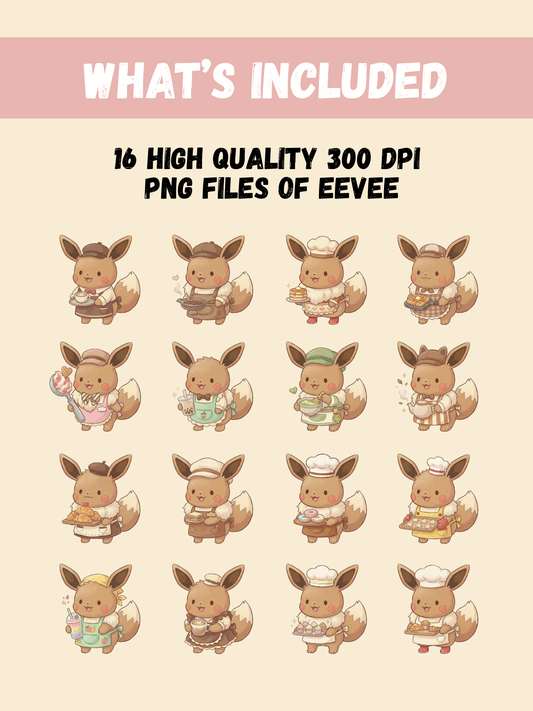 Eevee Cafe Theme PNG Pack, 16 Eevee Designs, Chibi Cute Kawaii Clipart, Coffee And Pastry Shop, Anime PNG, Digital Download