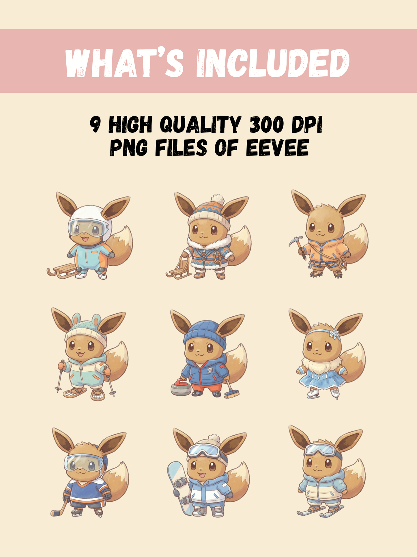 Eevee Winter Sports PNG Pack, 9 Eevee Sports, Chibi Cute Kawaii Clipart, Winter Athlete Outfits, Anime PNG, Digital Download