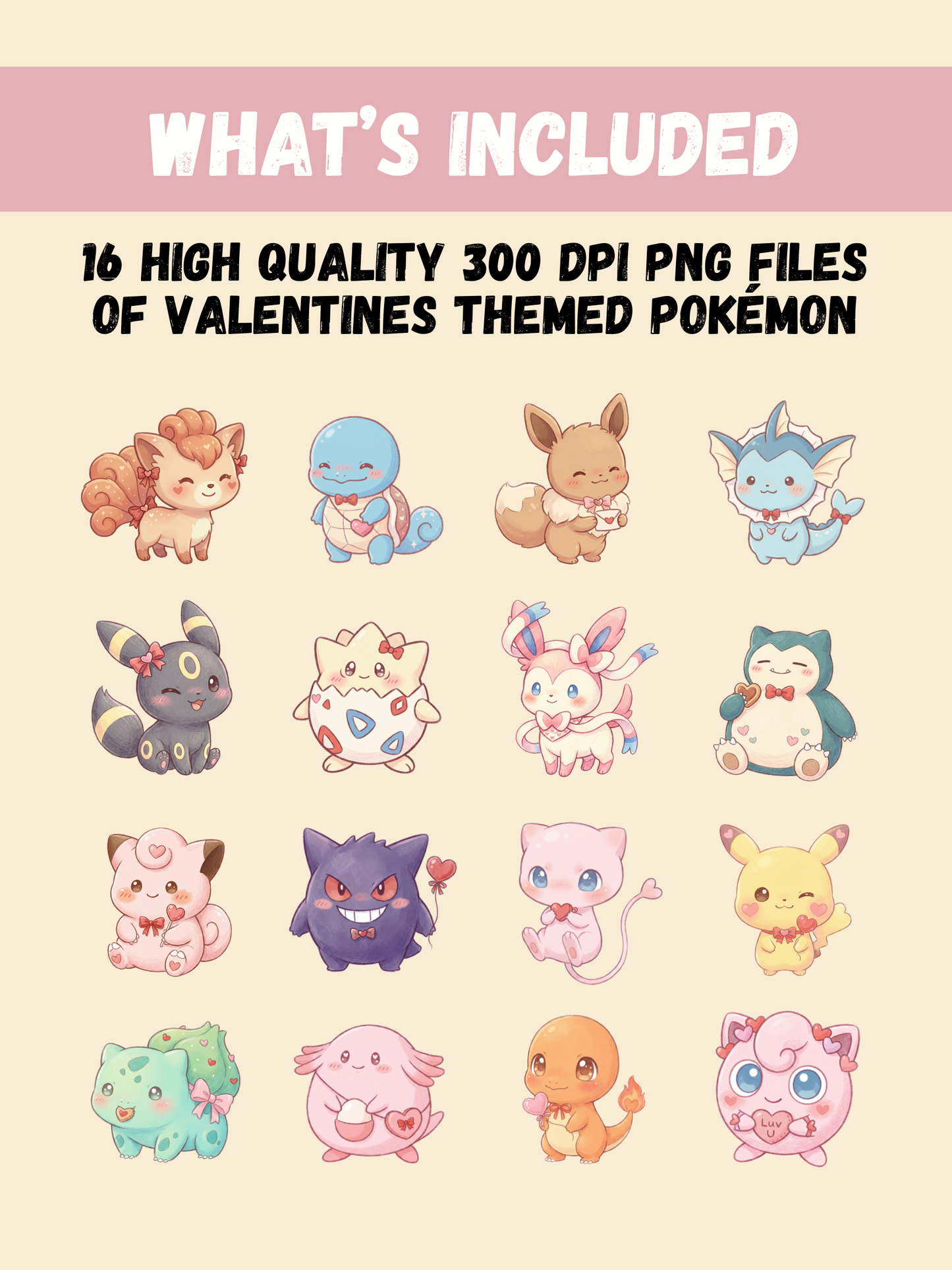 Valentines Day Pokémon PNG Bundle, 16 Chibi Cute Kawaii Clipart, Love Heart Pokemon PNG, Anime Digital Download, Sublimation Sticker Art