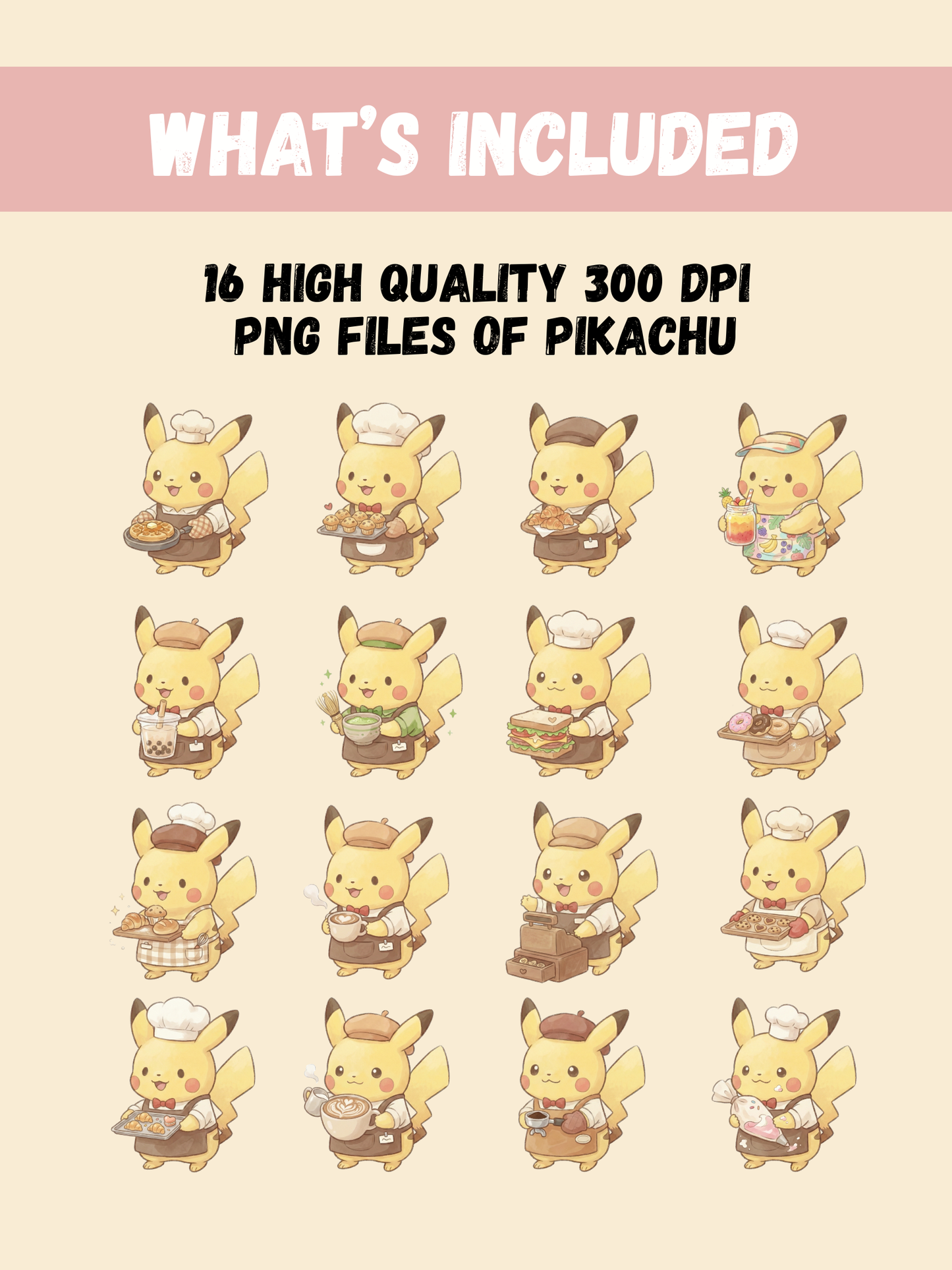 Pikachu Cafe Theme PNG Pack, 16 Pikachu Designs, Chibi Cute Kawaii Clipart, Coffee And Pastry Shop, Anime PNG, Digital Download