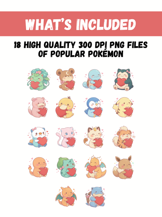 Pokémon Love PNG Pack, 18 Popular Pokémon, Chibi Cute Kawaii Clipart, Valentine Hearts, Anime PNG, Digital Download