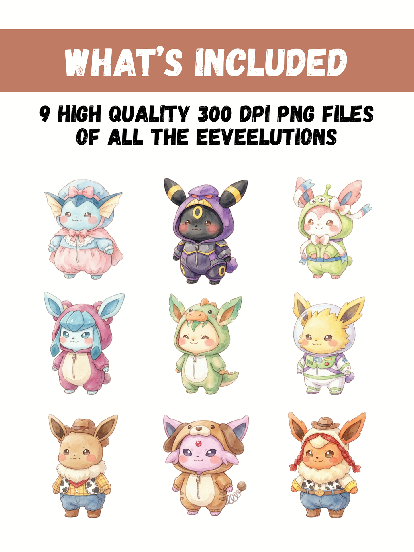Eeveelutions Toy Costumes PNG Pack, 9 Eevee Evolutions, Chibi Kawaii Clipart, Cute Toy Outfits, Digital Download