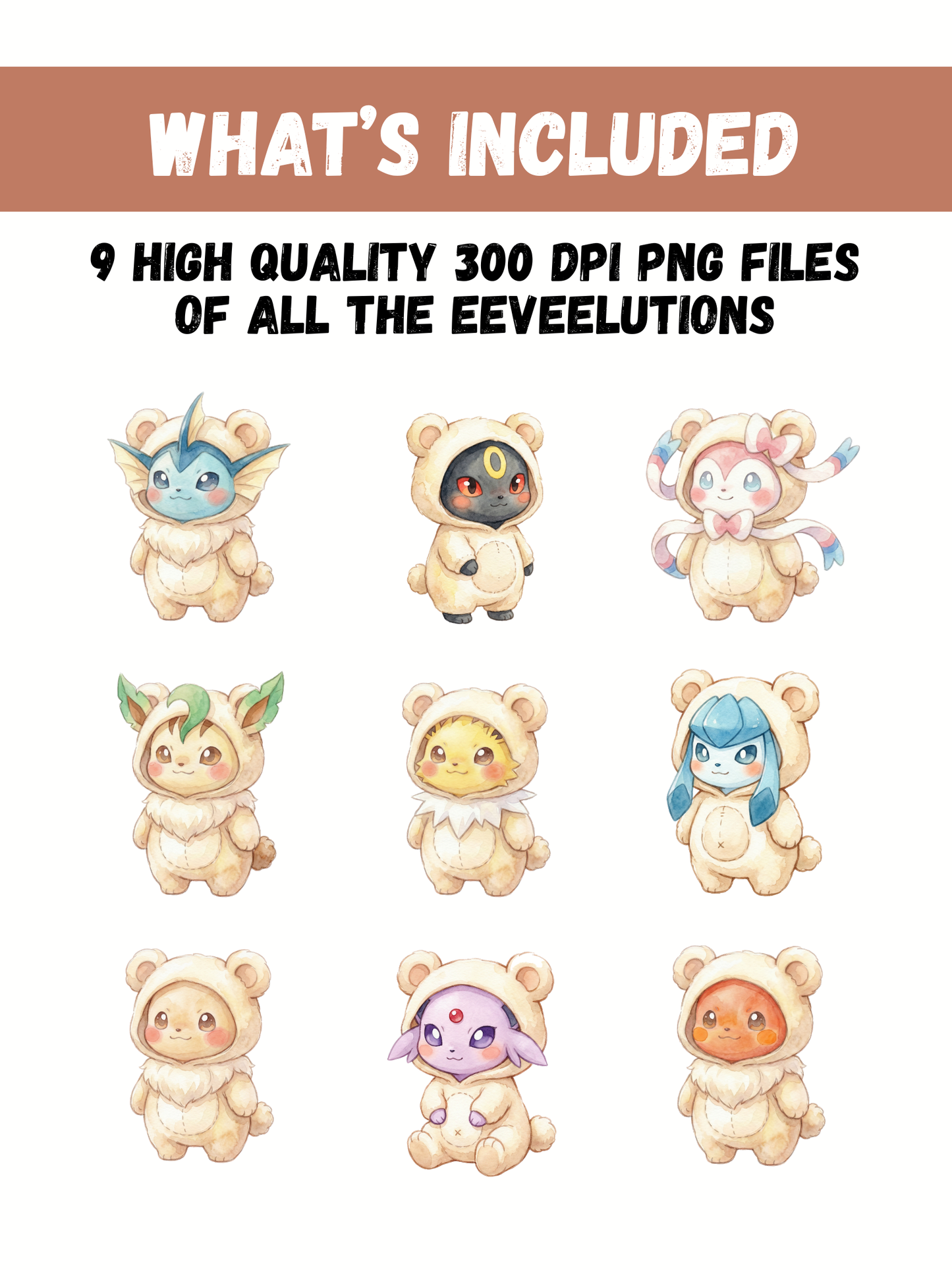 Eeveelutions Teddy Bear Costumes PNG Pack, 9 Eevee Evolutions, Chibi Kawaii Clipart, Cute Plush Outfits, Digital Download