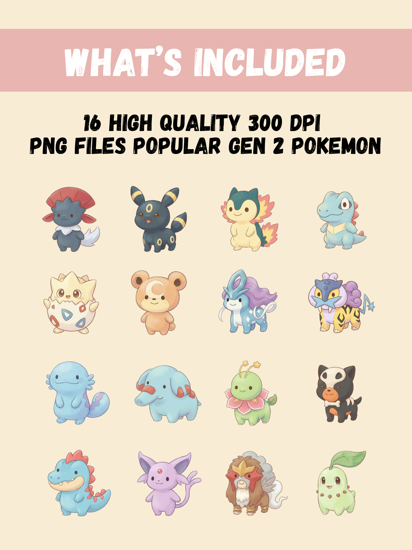 Popular Gen 2 Pokémon PNG Pack, 16 Fan Favorite Johto Pokémon, Chibi Cute Kawaii Clipart, Anime PNG, Digital Download