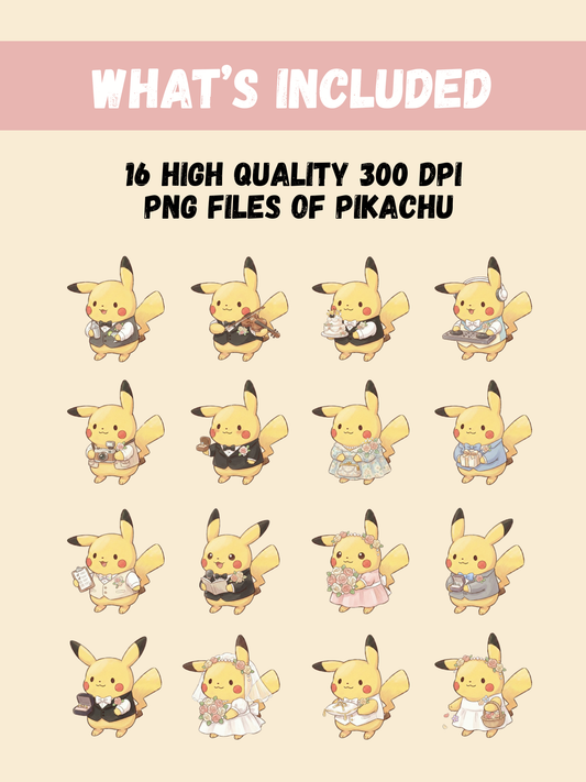 Pikachu Wedding PNG Pack, 16 Pikachu Designs, Chibi Cute Kawaii Clipart, Bride And Groom Outfits, Anime PNG, Digital Download