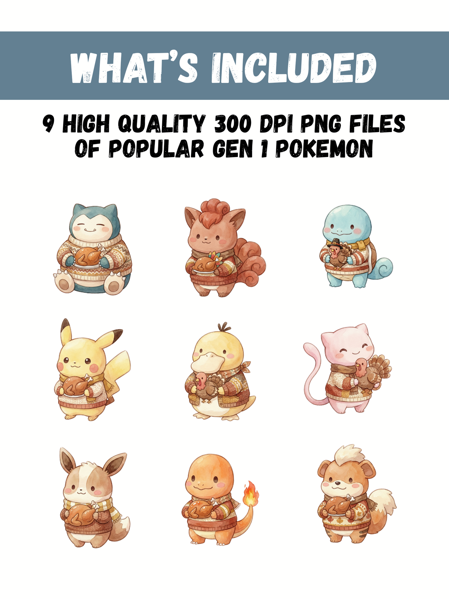 Gen 1 Thanksgiving PNG Bundle, 16 Popular Kanto Pokémon Clipart, Cute Watercolor Kawaii Fall PNG, Digital Download