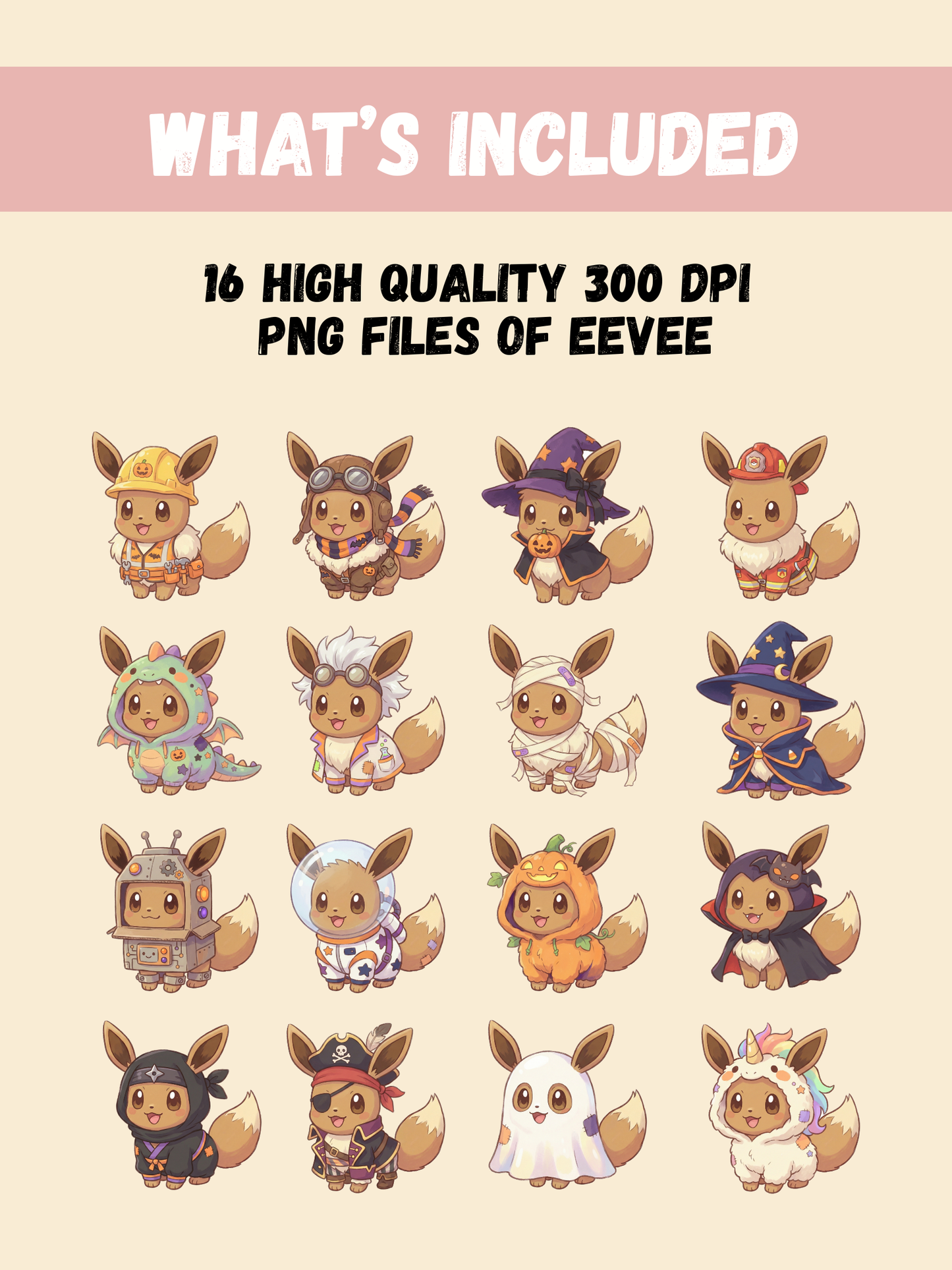 Eevee Costume PNG Pack, 16 Eevee Costumes, Chibi Cute Kawaii Clipart, Dress Up Outfits, Anime PNG, Digital Download
