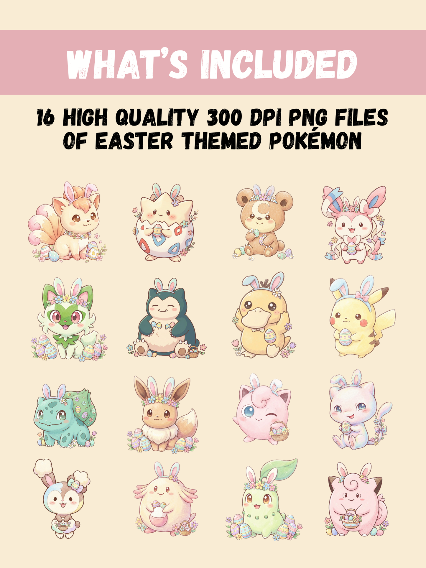 Easter Pokémon PNG Bundle, 16 Chibi Cute Kawaii Clipart, Spring Pokemon PNG, Bunny Egg Digital Download, Sublimation Sticker Art