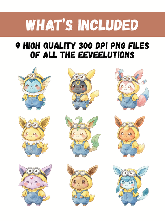 Eevee Evolutions Minions Costumes PNG Pack, Chibi Kawaii Clipart, Cute Worker Outfits, Digital Download
