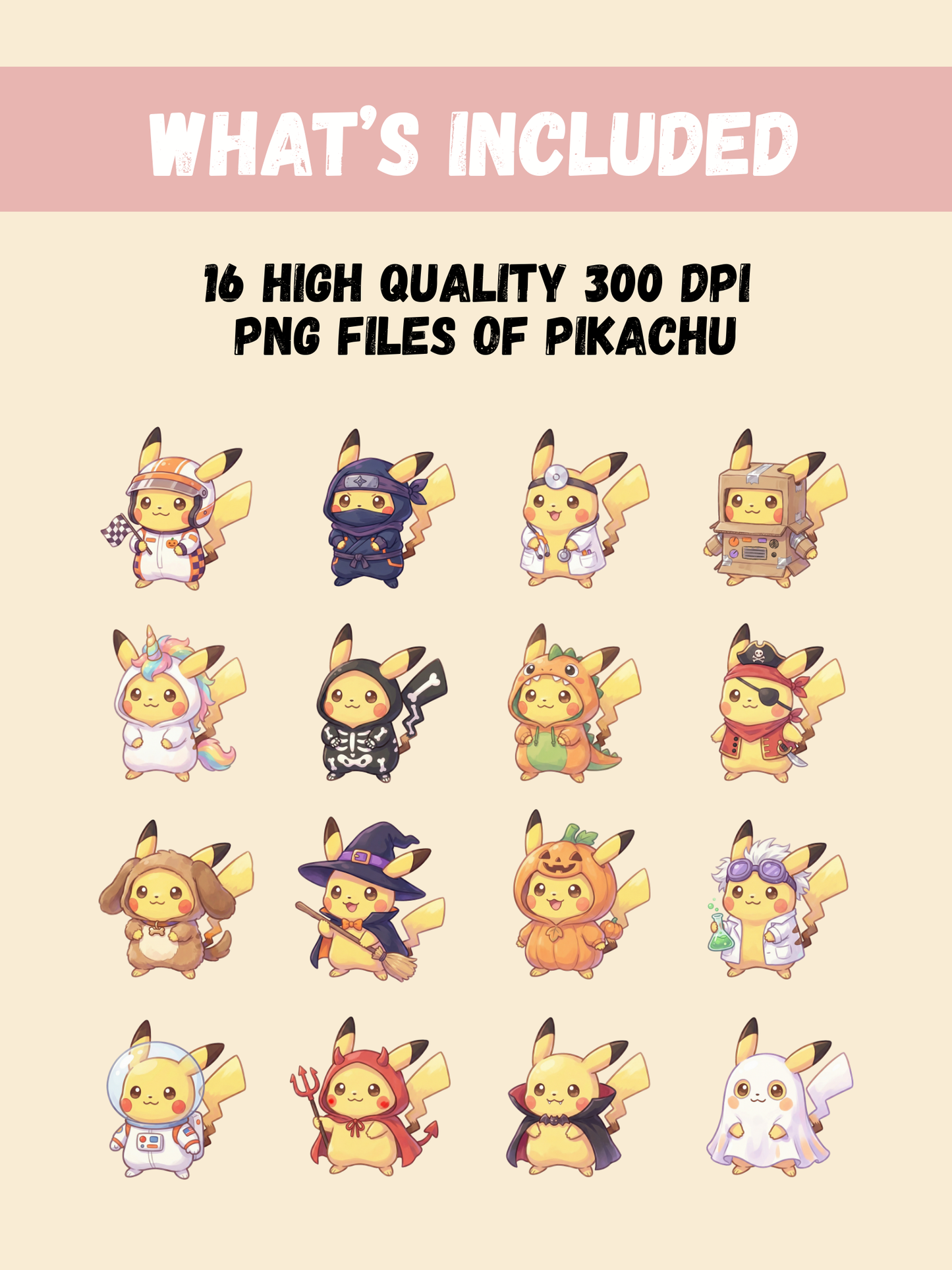 Pikachu Costume PNG Pack, 16 Pikachu Costumes, Chibi Cute Kawaii Clipart, Dress Up Outfits, Anime PNG, Digital Download