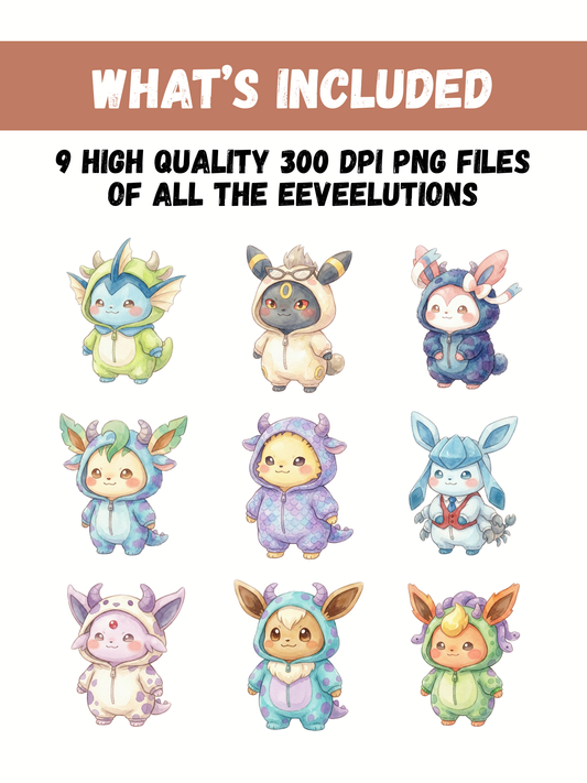 Eevee Evolutions Monster Costumes PNG Pack, 9 Eevee Evolutions, Chibi Kawaii Clipart, Cute Monster Outfits, Digital Download