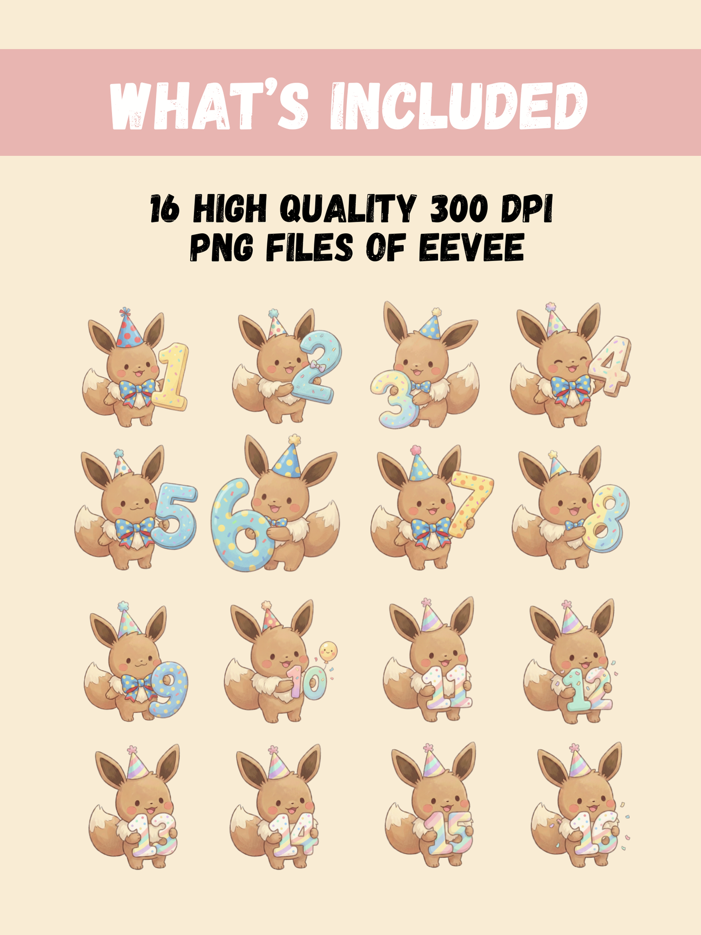 Eevee Numbers PNG Pack (1 To 16), 16 Eevee Designs, Chibi Cute Kawaii Clipart, Birthday Number Props, Anime PNG, Digital Download
