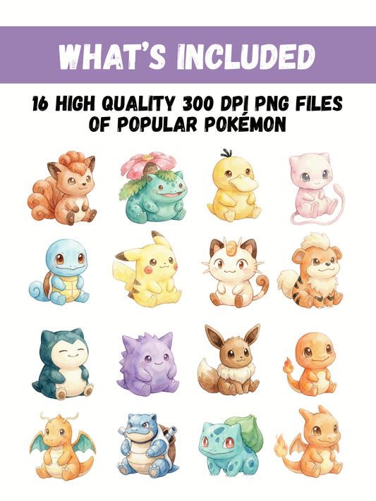 Watercolor Pokemon Sitting PNG Bundle, 16 Cute Kawaii Designs, Soft Hand Painted Clipart, Transparent PNG, Instant Download