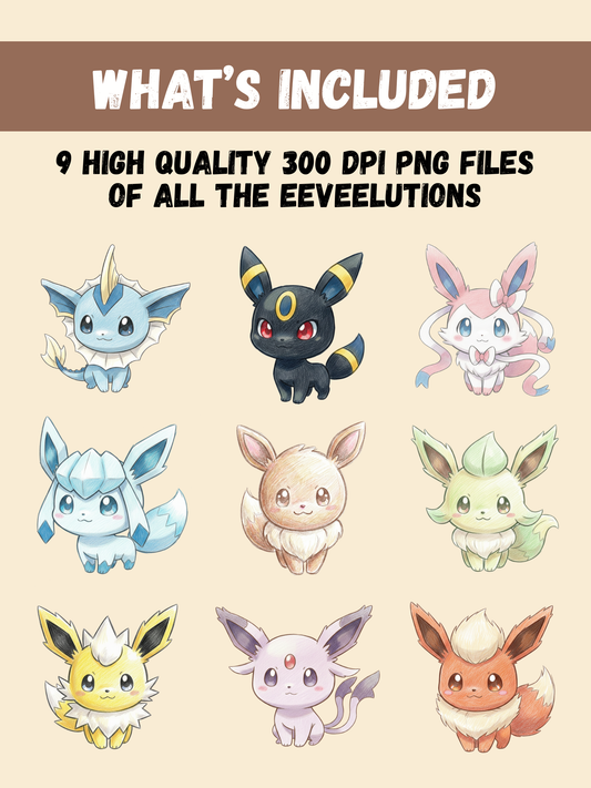 Pokémon Eeveelutions Colored Pencil PNG Bundle, 9 Cute Eevee Evolutions, Kawaii Pencil Art, Digital Download