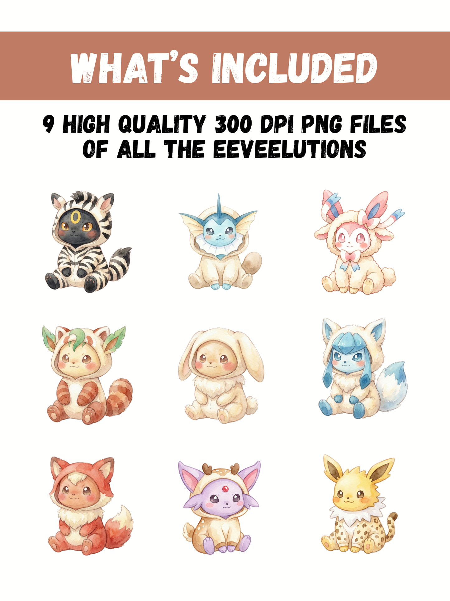 Eeveelutions Animal Costumes PNG Pack, 9 Eevee Evolutions, Chibi Kawaii Clipart, Cute Costume Set, Anime PNG, Digital Download