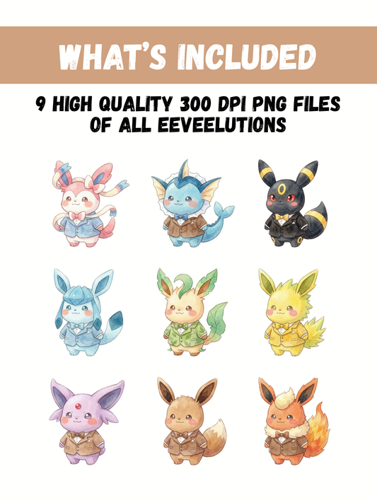 Eeveelutions In Suits PNG Bundle, Business Outfit Pokémon Clipart, Cute Watercolor Kawaii PNG, Digital Download