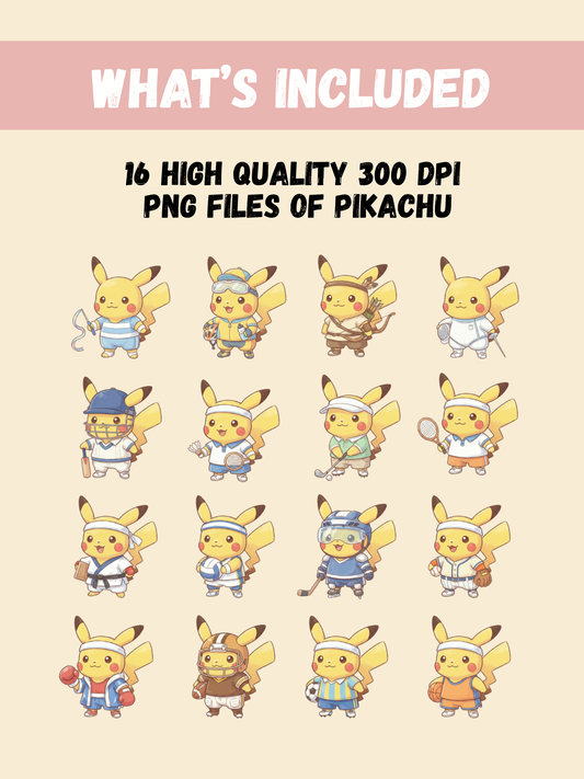Pikachu Playing Sports PNG Pack, 16 Pikachu Sports, Chibi Cute Kawaii Clipart, Athlete Outfits, Anime PNG, Digital Download