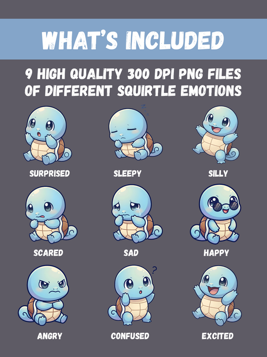 Pokémon Squirtle Chibi Emotion PNG Bundle, 9 Cute Squirtle Expressions, Kawaii Pokémon Clipart, Digital Download