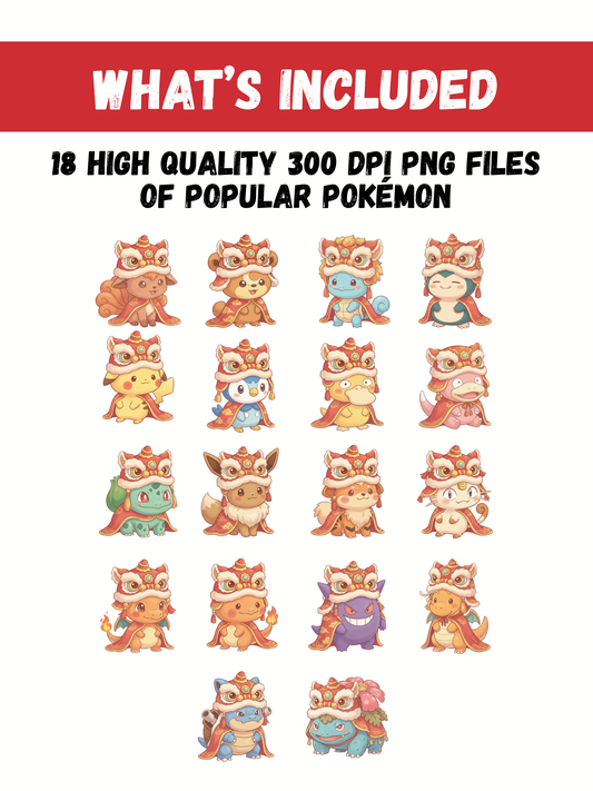 Chinese New Year Pokémon PNG Pack, 18 Popular Pokémon, Chibi Kawaii Clipart, Lion Dance Costume, Anime PNG, Digital Download