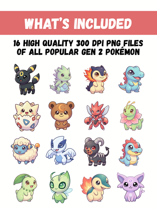 Chibi Gen 2 Pokemon PNG Bundle, 16 Popular Johto Pokemon, Transparent PNG, Instant Digital Download, Stickers Sublimation Crafts