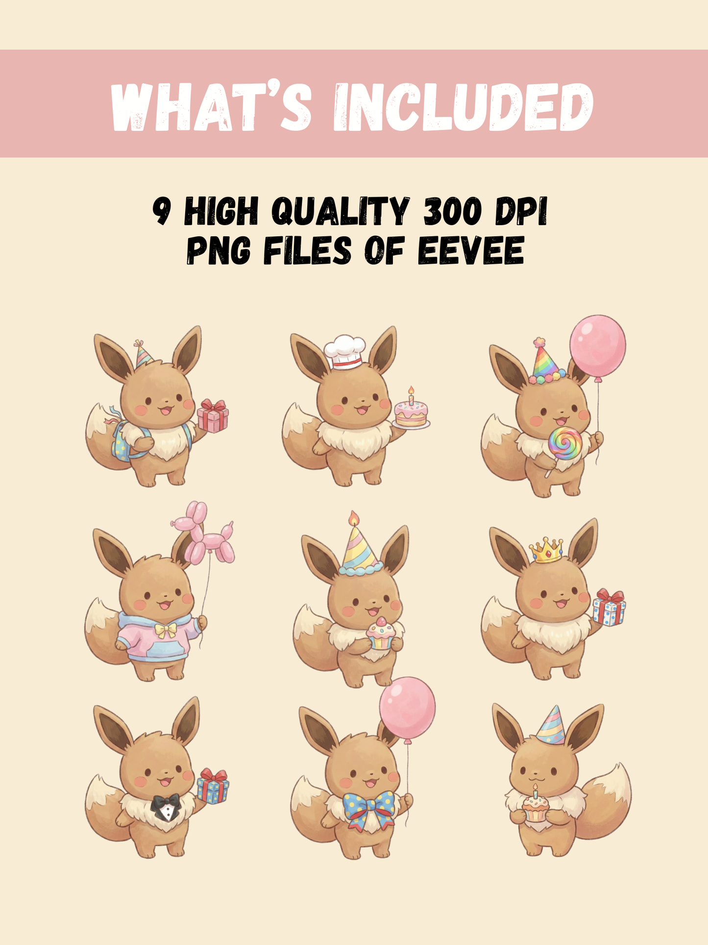 Eevee Birthday PNG Pack, 9 Birthday Eevee Designs, Chibi Cute Kawaii Clipart, Party Hat And Number Props, Anime PNG, Digital Download