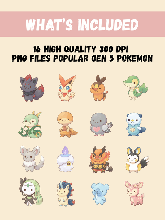 Popular Gen 5 Pokémon PNG Pack, 16 Fan Favorite Unova Pokémon, Chibi Cute Kawaii Clipart, Anime PNG, Digital Download