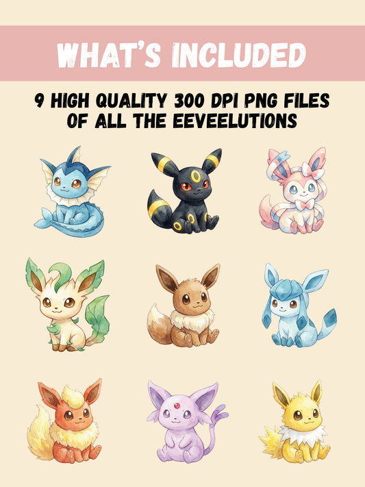 Watercolor Eeveelution Clipart, Chibi Kawaii PNG Bundle (Digital Download)