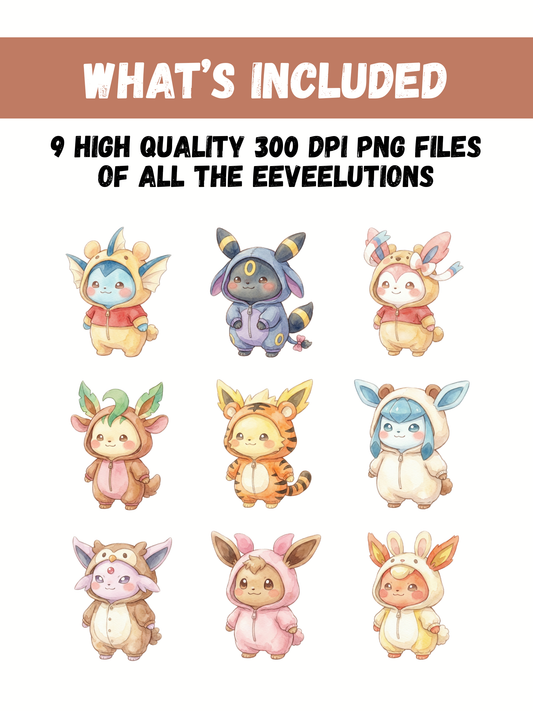 Eeveelutions Honey Bear Costumes PNG Pack, 9 Eevee Evolutions, Chibi Kawaii Clipart, Digital Download