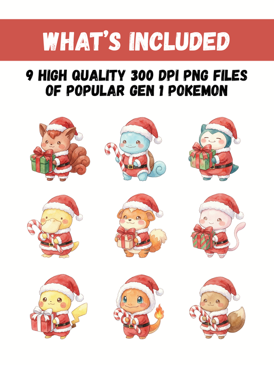Gen 1 Christmas Pokémon PNG Bundle, Santa Pokémon Clipart, Watercolor Kawaii Christmas PNG, Holiday Digital Download