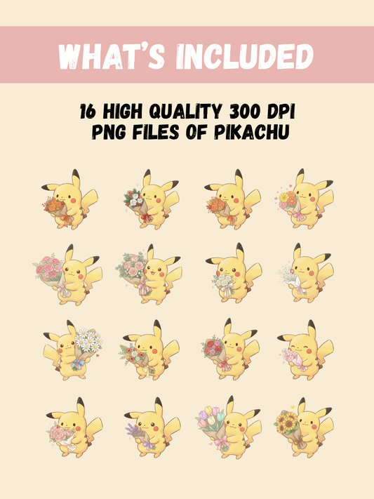 Pikachu Holding Bouquets PNG Pack, 16 Cute Pikachu Poses, Chibi Kawaii Clipart, Flower Bouquet PNG, Anime PNG, Digital Download