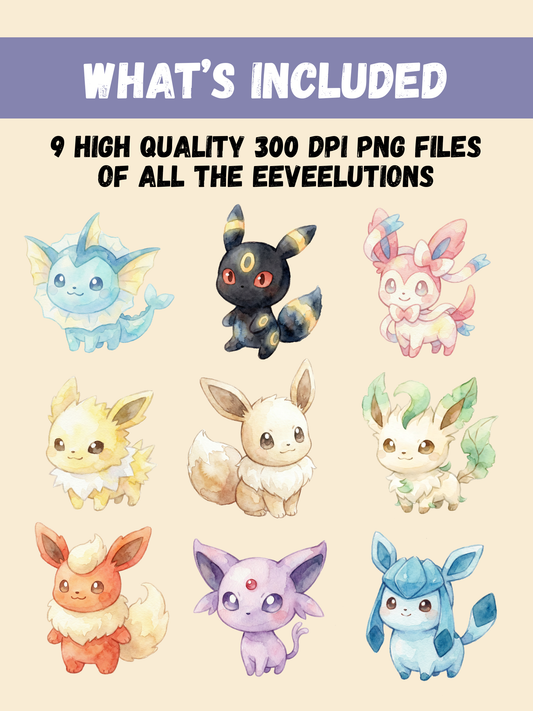 Watercolor Eeveelutions Pokemon PNG Bundle, Cute Kawaii Clipart, Eevee Evolutions Digital Download, Anime Watercolor PNG