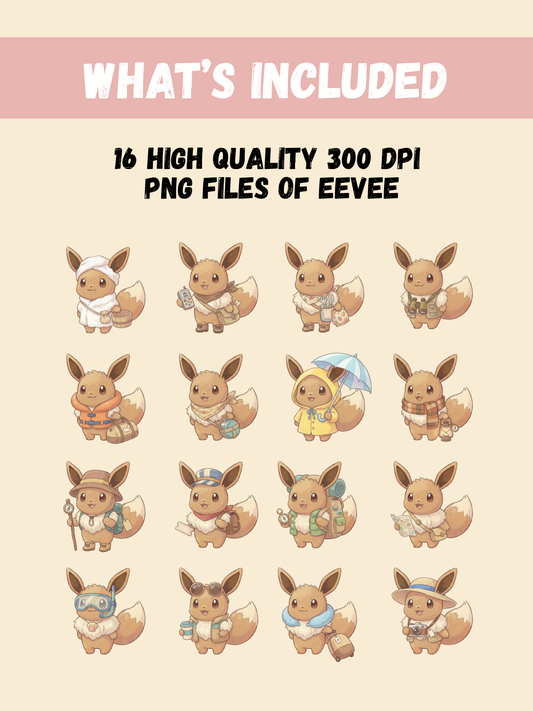 Eevee Travel PNG Pack, 16 Travel Eevee Designs, Chibi Cute Kawaii Clipart, Vacation Adventure, Anime PNG, Digital Download