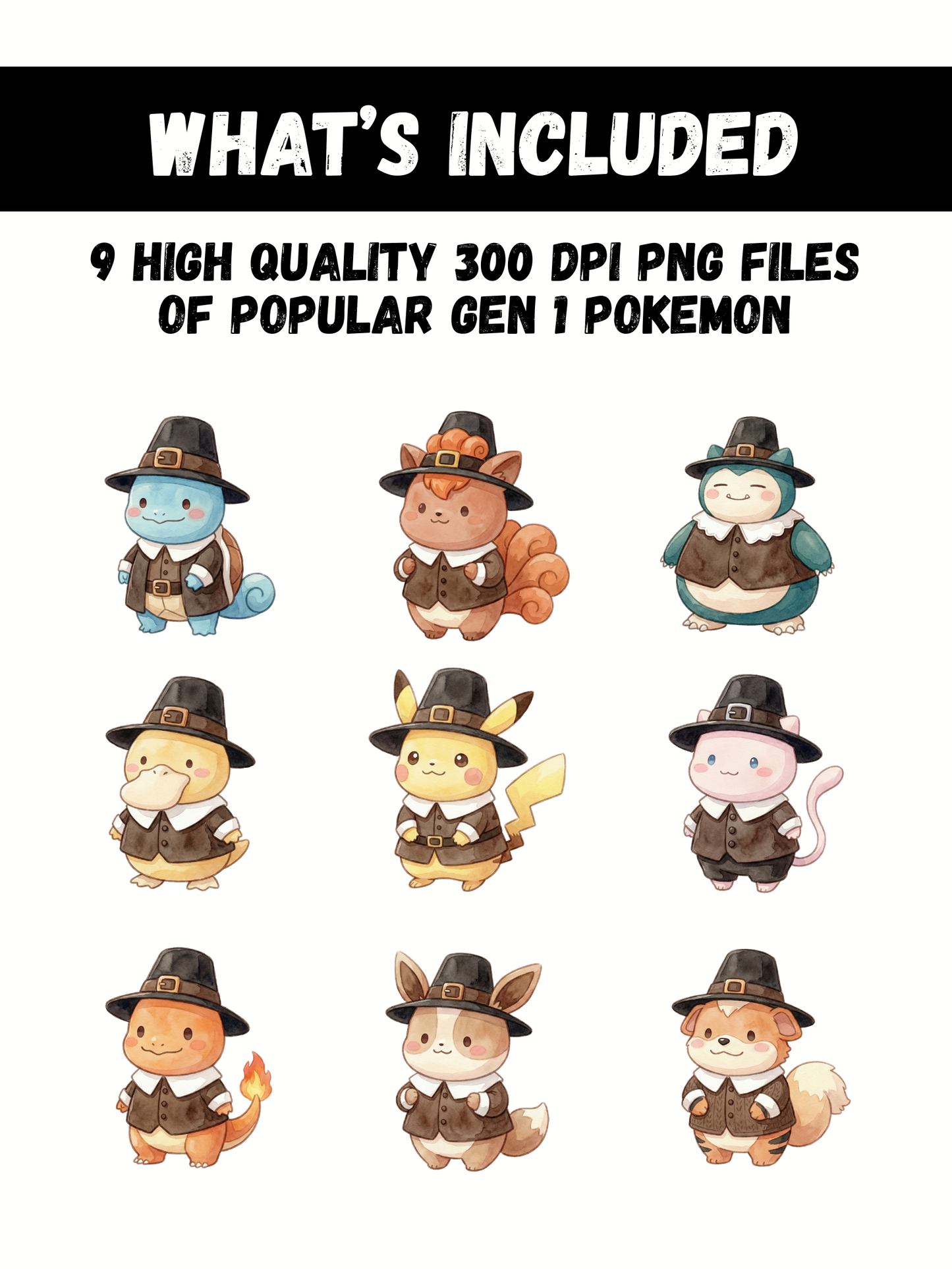 Gen 1 Pilgrims PNG Bundle, Thanksgiving Outfit Kanto Pokémon Clipart, Cute Watercolor Kawaii Fall PNG, Digital Download