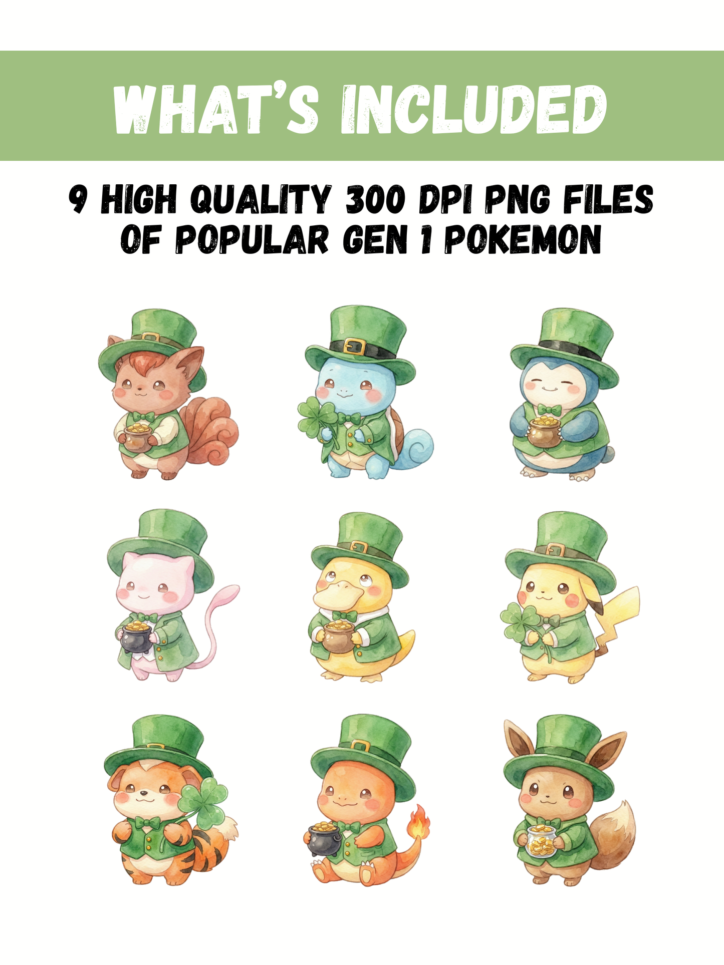 Gen 1 St Patrick’s Day Pokémon PNG Bundle, Leprechaun Pokémon Clipart, Watercolor Kawaii Shamrock PNG, Irish Holiday Digital Download