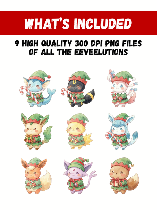 Eeveelutions Elf PNG Bundle, Christmas Pokémon Clipart, Cute Watercolor Kawaii Elf PNG, Holiday Digital Download