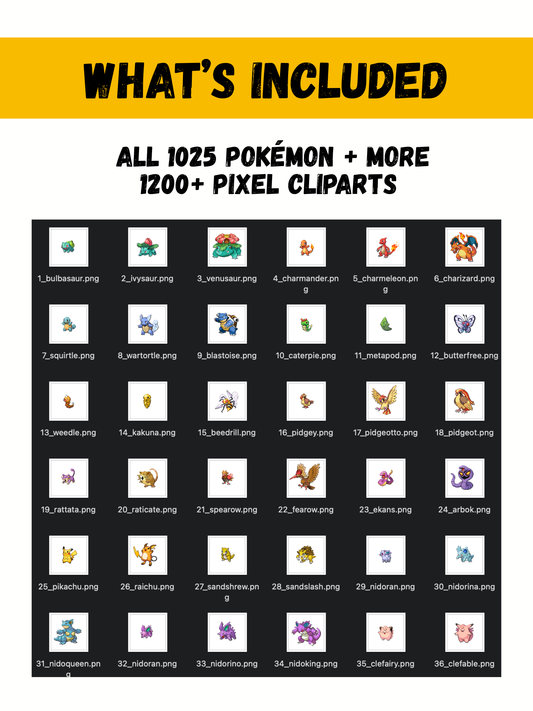 1200+ Pokémon Pixel PNG Clipart Bundle: Pikachu Art Pixel Edition Retro Game Style (Digital Download)