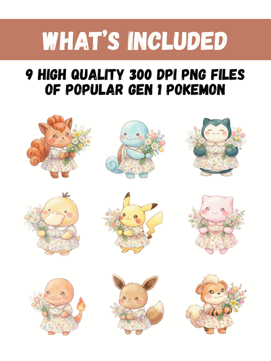 Gen 1 Spring Pokémon PNG Bundle, Floral Dress Pokémon Clipart, Watercolor Kawaii Spring PNG, Flower Bouquet Digital Download