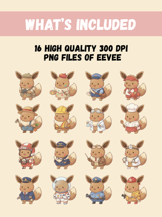Eevee At Work PNG Pack, 16 Eevee Jobs, Chibi Cute Kawaii Clipart, Occupation Outfits, Anime PNG, Digital Download