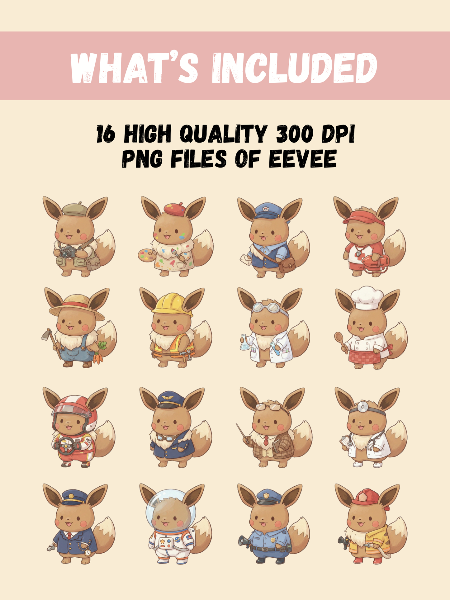 Eevee At Work PNG Pack, 16 Eevee Jobs, Chibi Cute Kawaii Clipart, Occupation Outfits, Anime PNG, Digital Download