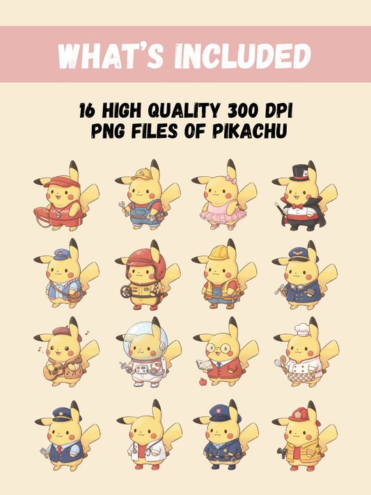 Pikachu At Work PNG Pack, 16 Pikachu Jobs, Chibi Cute Kawaii Clipart, Occupation Outfits, Anime PNG, Digital Download